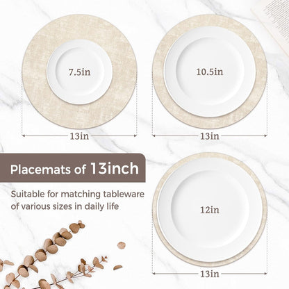 13" Round Placemats Set of 8, Reversible Faux Leather Wipeable Table Mats