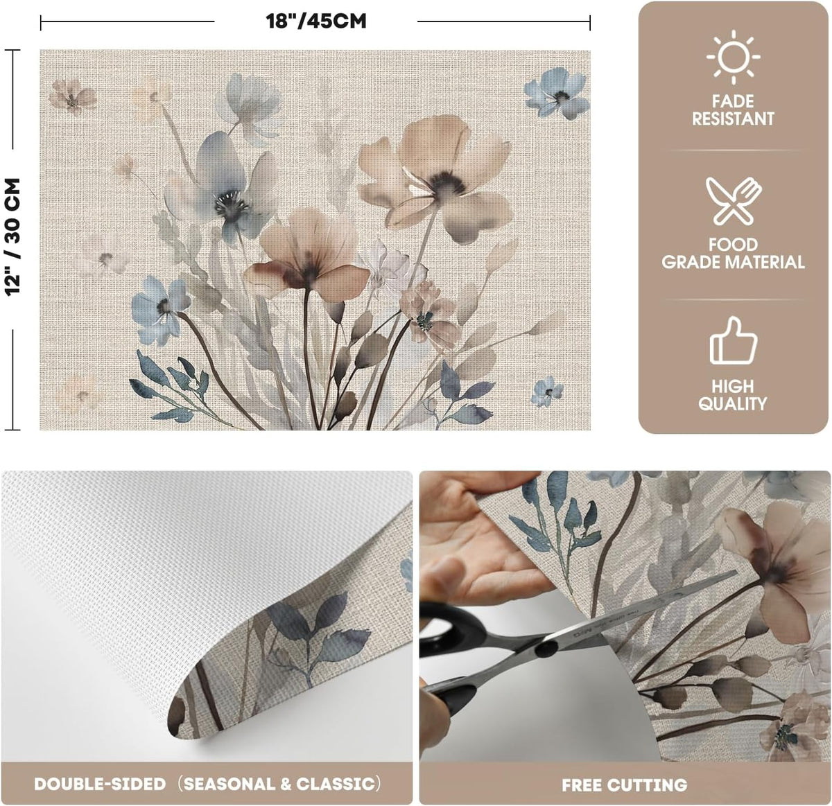 Artoid Mode Brown Poppy Floral Vinyl Plastic Placemats Set of 4, Washable Non-Slip PVC Table Mats for Party Kitchen Dining Decor, 12x18 Inch