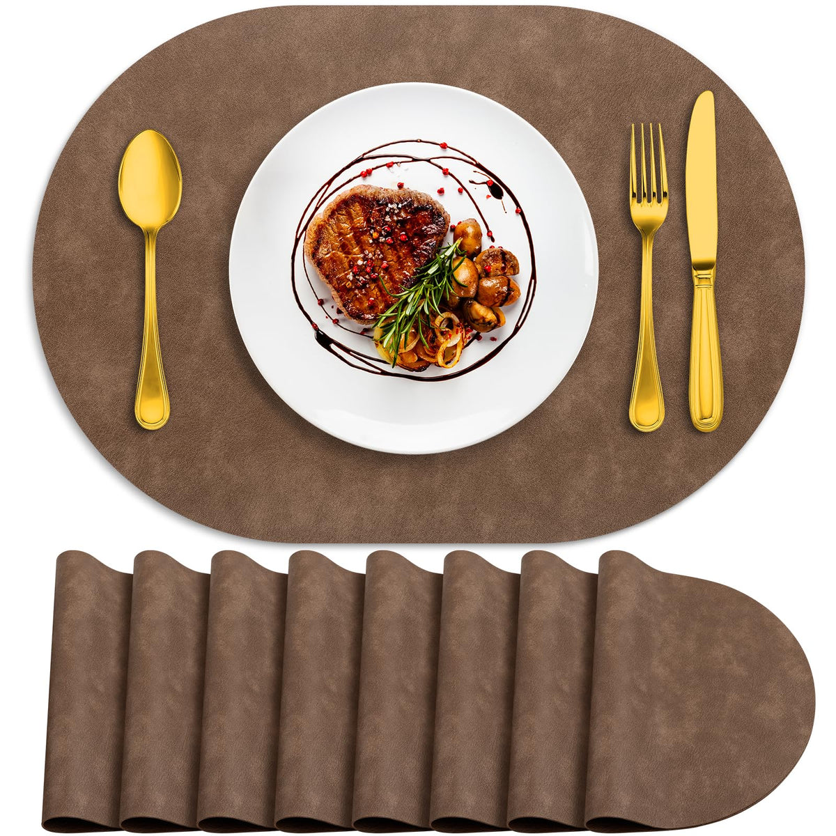 ADRIMER Faux Leather Placemats Set of 6, Heat Resistant 13"x13", Walnut