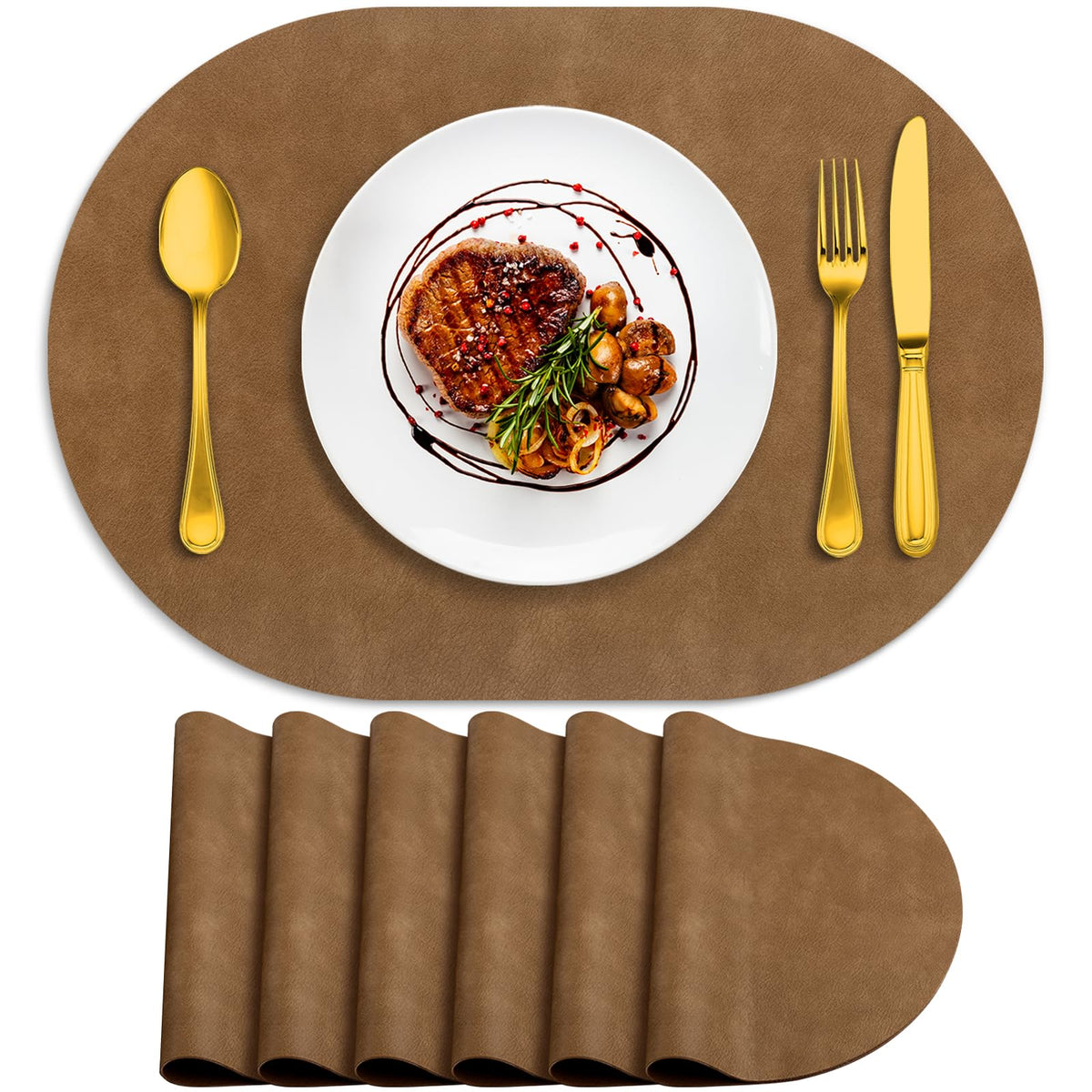 ADRIMER Faux Leather Placemats Set of 6, Heat Resistant 13"x13", Walnut