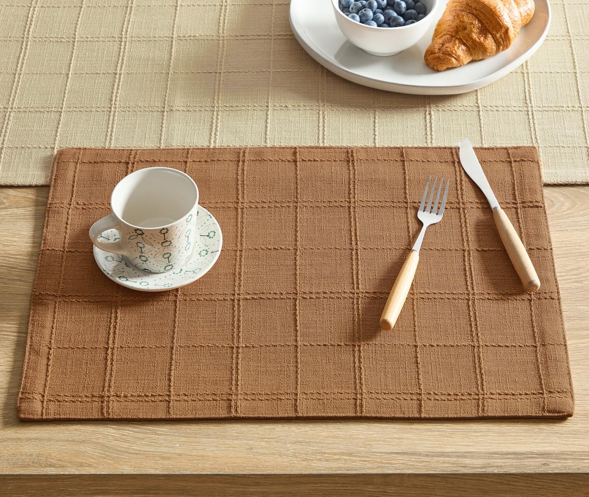ZeeMart Linen Checked Farmhouse Placemats Set of 6, Olive 13x19in