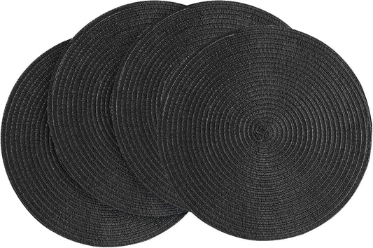 Floroom 15 Inch Round Braided Placemats Set of 4, Washable Heat Resistant Cotton Polyester Circle Place Mats for Kitchen Dining Table - Black