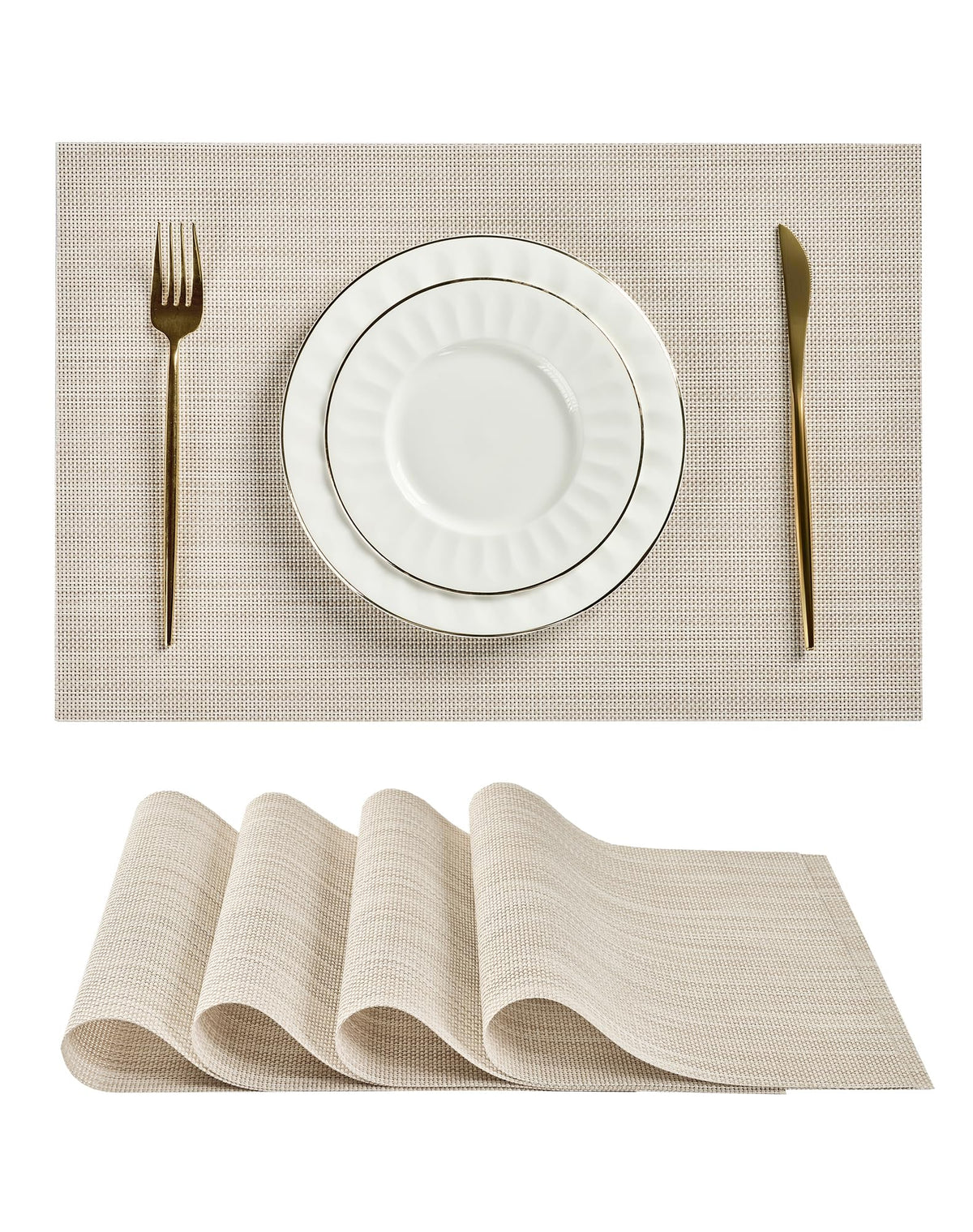 Beige Placemats Set of 8 - Heat-Resistant, Non-Slip Table Mats, Washable Woven Vinyl for Indoor & Outdoor Dining