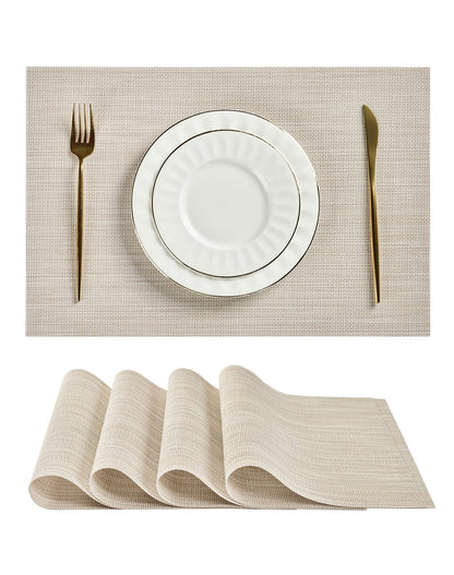 Beige Placemats Set of 8 - Heat-Resistant, Non-Slip Table Mats, Washable Woven Vinyl for Indoor & Outdoor Dining