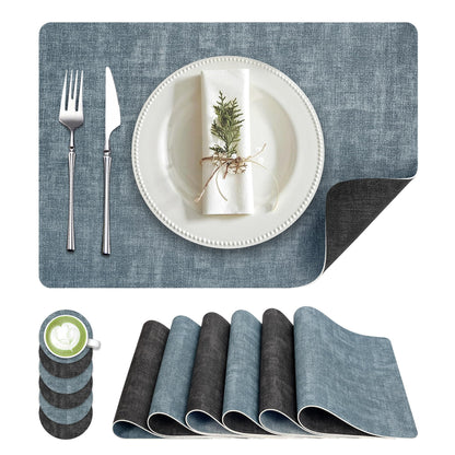 Fyvva Placemats Set of 4, 13" Round Reversible Faux Leather with Coasters