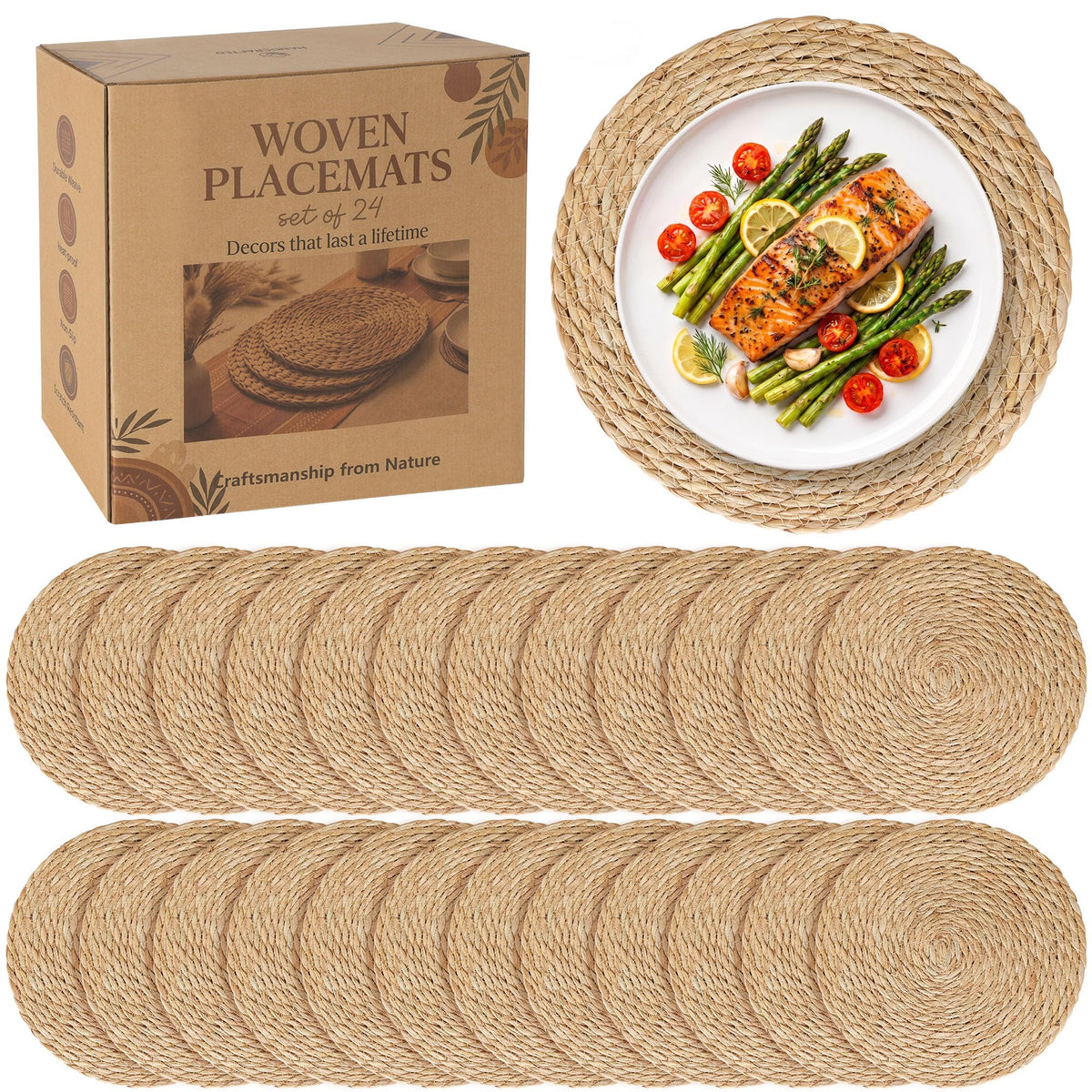 24 Pack 13.8IN Round Woven Placemats, Natural Bulrush Boho Farmhouse Mats