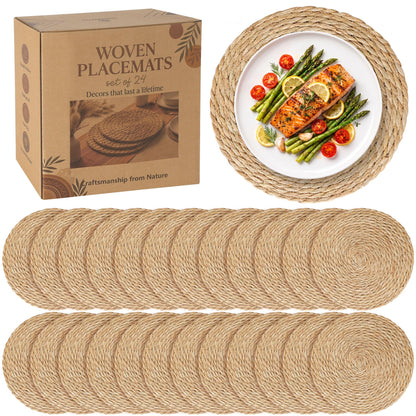 24 Pack 13.8IN Round Woven Placemats, Natural Bulrush Boho Farmhouse Mats
