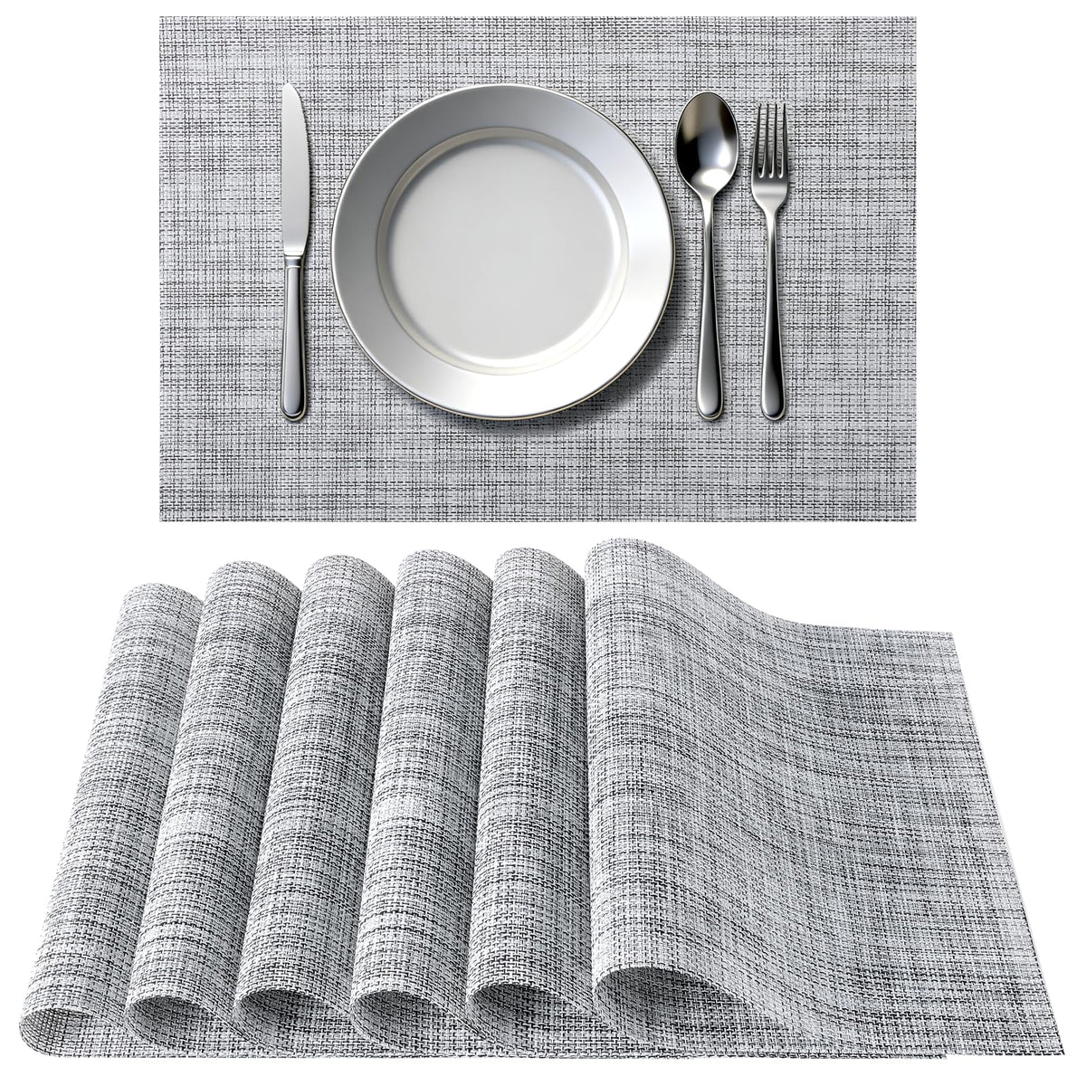 Timeet Placemats Set of 6, Heat Resistant Non-Slip Place Mats for Dining Table, Durable Washable PVC Vinyl Woven Table Mats, Resistant Kitchen Placemats Easy to Clean(Beige & Gray