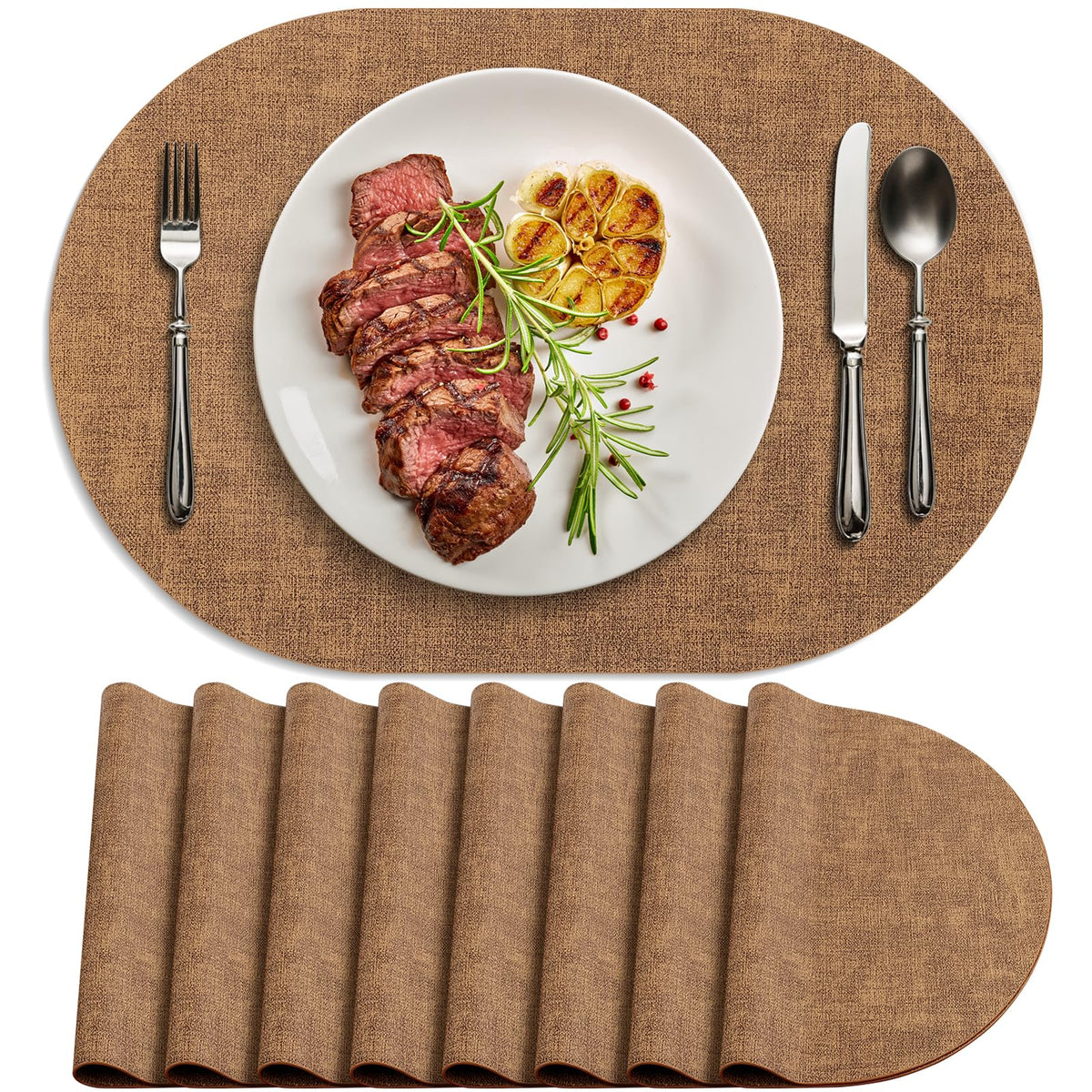 Faux Leather Oval Placemats Set of 6, Beige