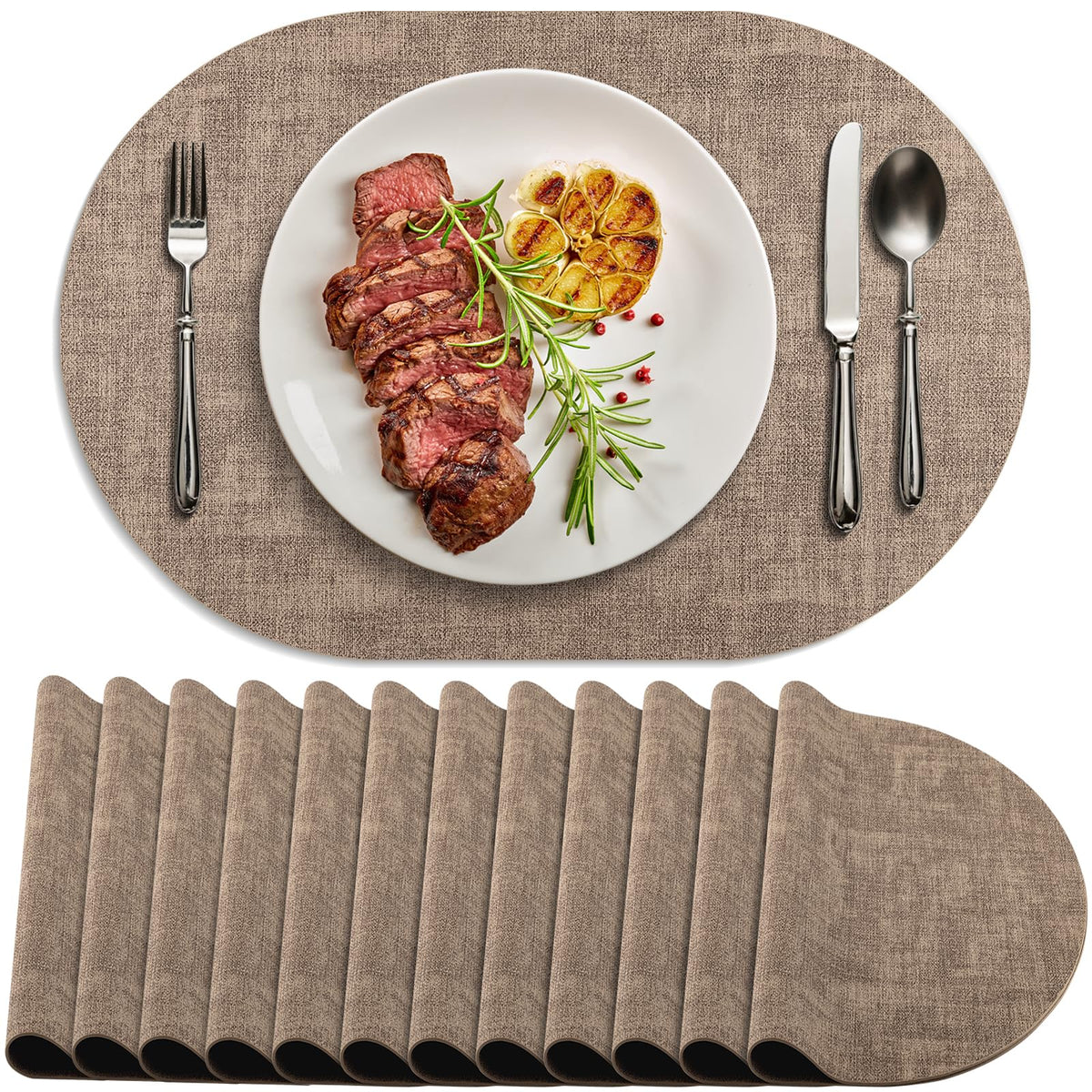 Faux Leather Oval Placemats Set of 6, Beige