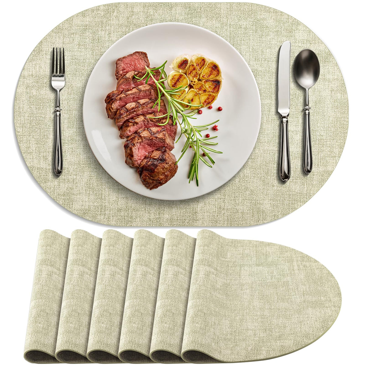 Faux Leather Oval Placemats Set of 6, Beige