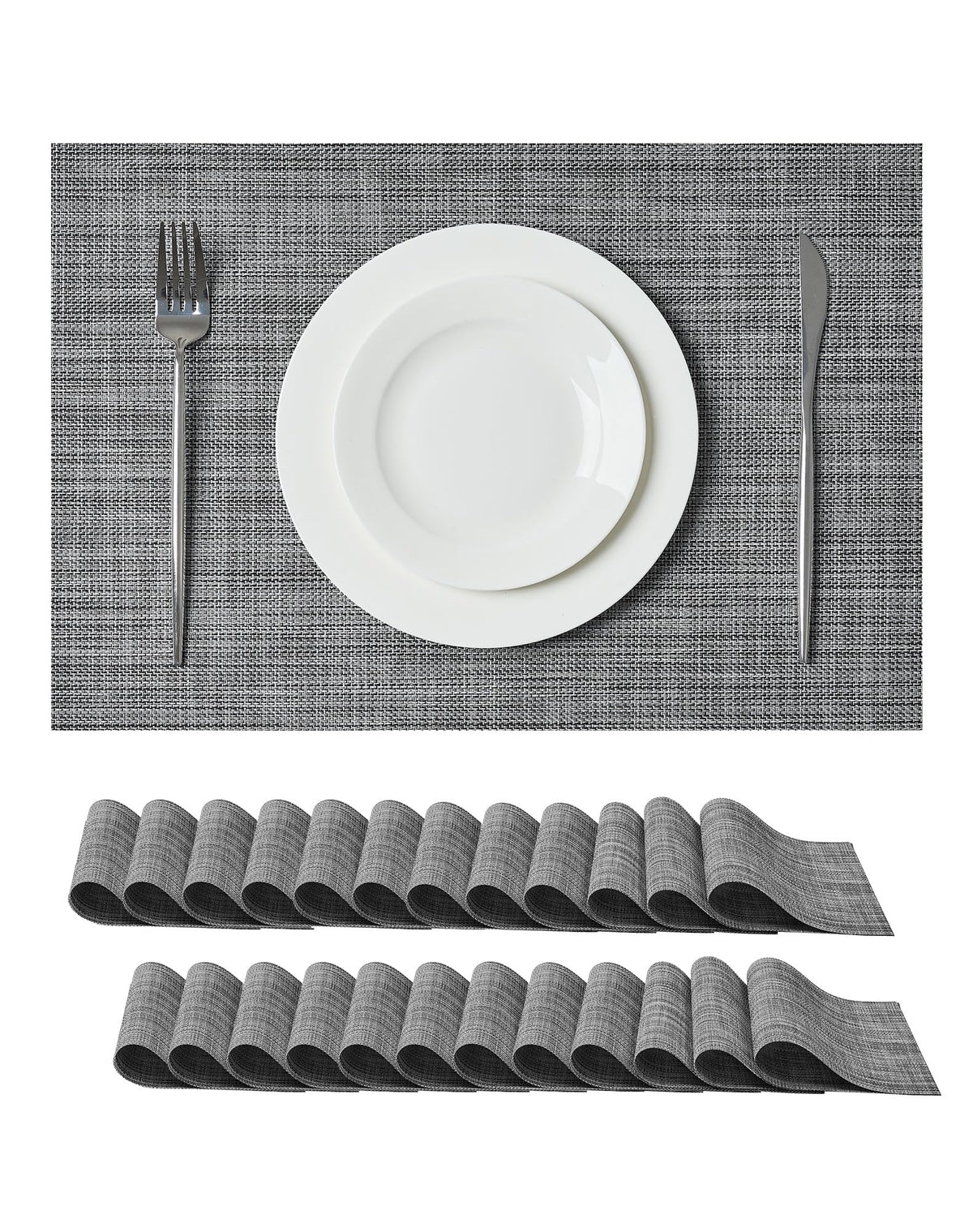 Woven Vinyl Beige Placemats Set of 12, Linen Look & Easy to Clean