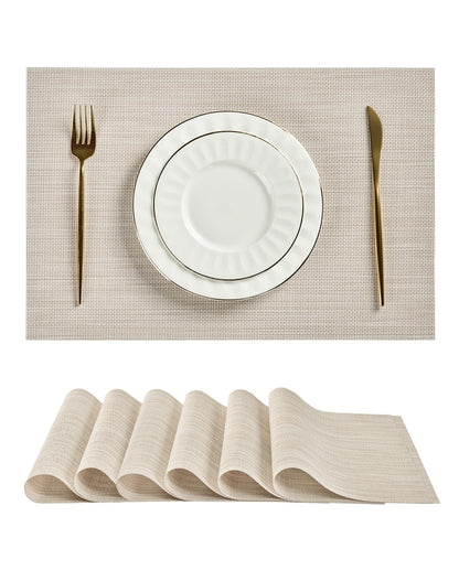 Woven Vinyl Beige Placemats Set of 12, Linen Look & Easy to Clean