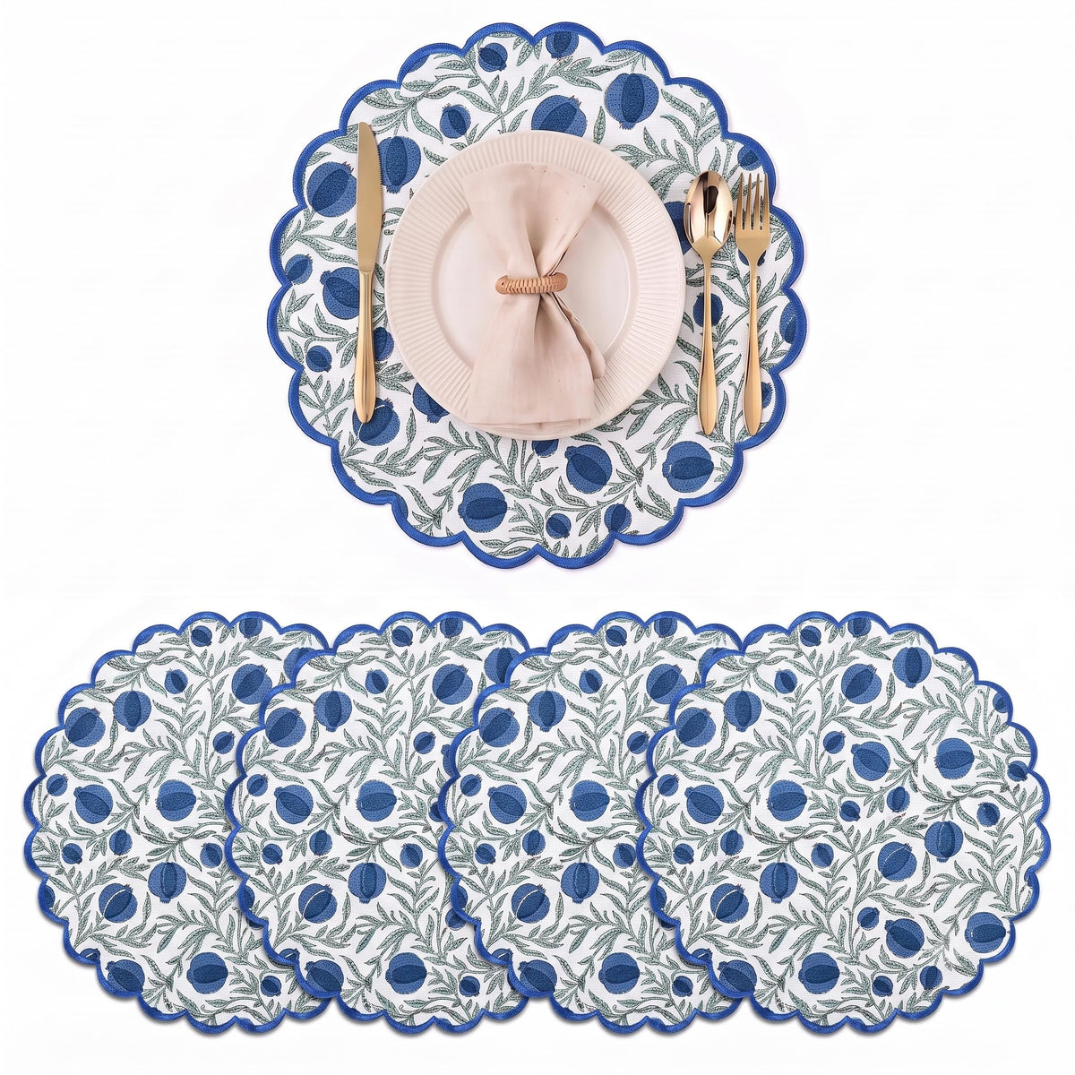 Ridhi Floral Block Print Round Placemats 15 Inch, Set of 4, Assorted Design