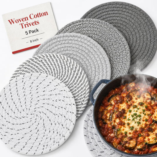 8 Inch Woven Trivets for Hot Dishes, 5 Pack Large Heat Resistant Cotton Hot Pads for Pots, Pans, Coffee Pot, Teapot, Plates & Planters, Farmhouse Boho Kitchen Decor for Table and Countertop