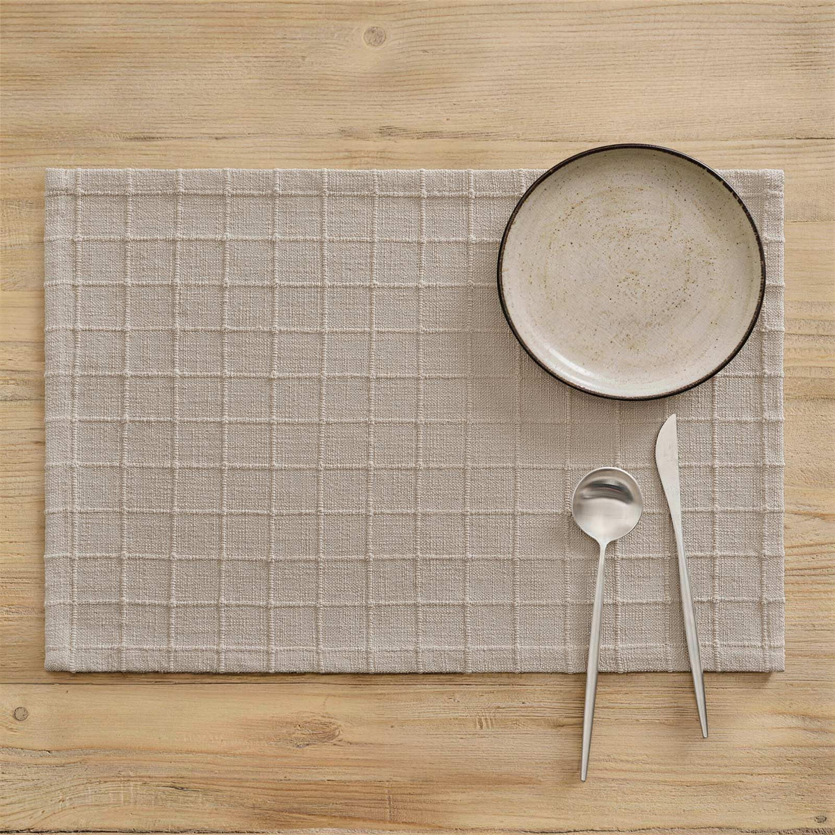 ZeeMart Artisanal Grid Decorative Linen Placemats Set of 6, Neutral Beige