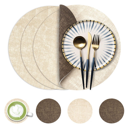 Fyvva Placemats Set of 4, 13" Round Reversible Faux Leather with Coasters
