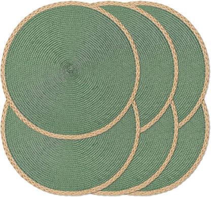 Round Placemats Set of 6, Woven Table Mats, Thin Edge, Green