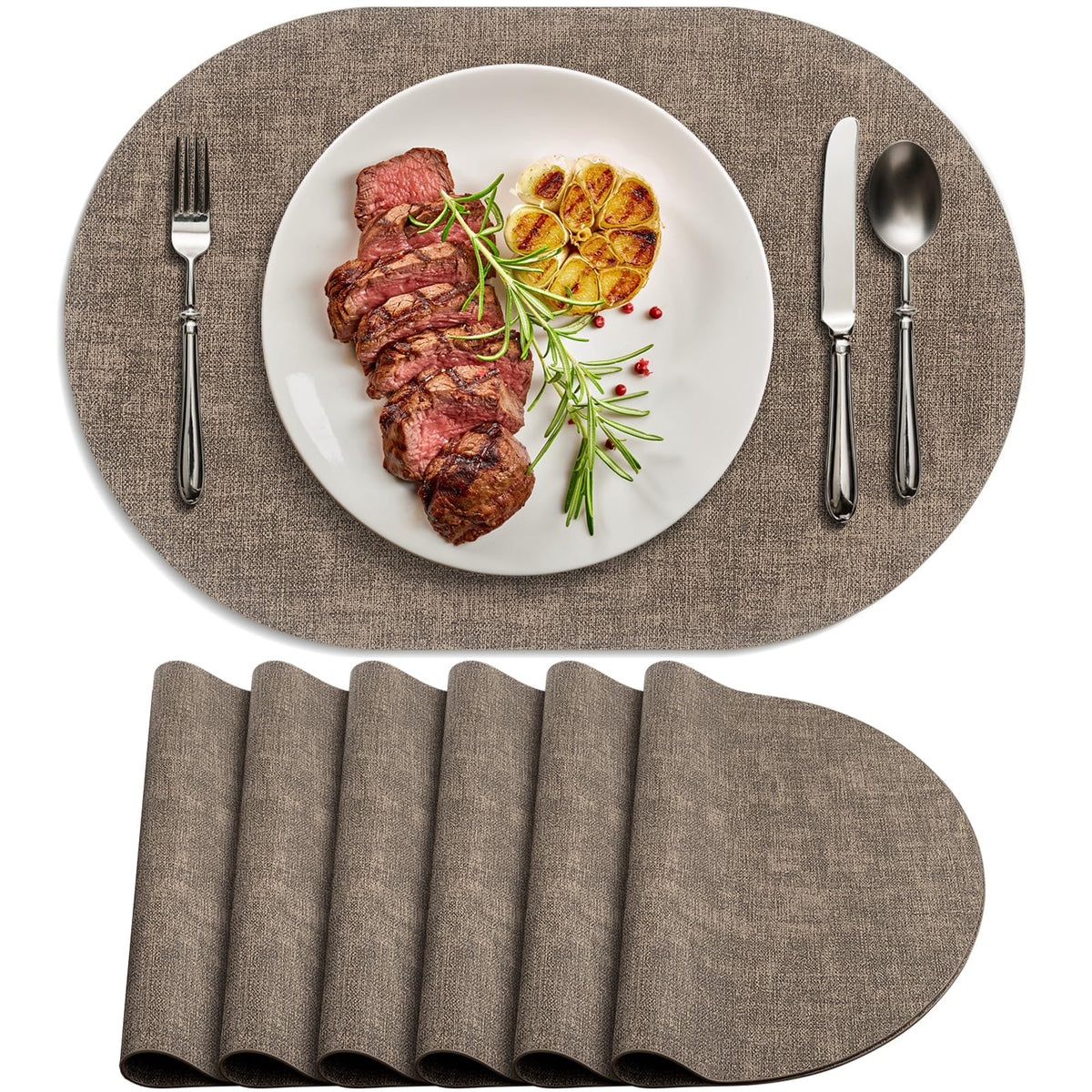 Faux Leather Oval Placemats Set of 6, Beige