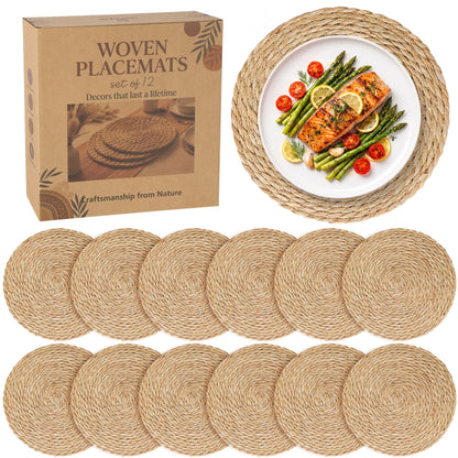 24 Pack 13.8IN Round Woven Placemats, Natural Bulrush Boho Farmhouse Mats