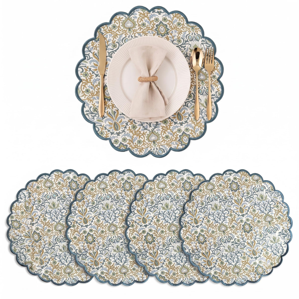 Ridhi Floral Block Print Round Placemats 15 Inch, Set of 4, Assorted Design