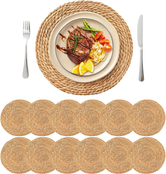 13.8'' Round Woven Placemats Set of 12, Boho Wicker Chargers, Terrekraft