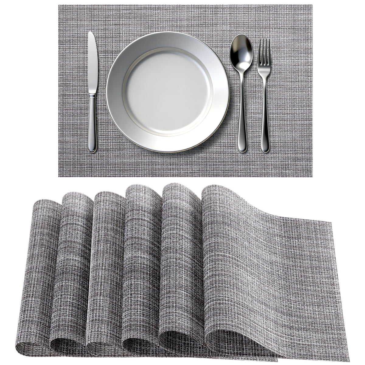 Timeet Placemats Set of 6, Heat Resistant Non-Slip Place Mats for Dining Table, Durable Washable PVC Vinyl Woven Table Mats, Resistant Kitchen Placemats Easy to Clean(Beige & Gray