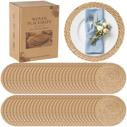 24 Pack 13.8IN Round Woven Placemats, Natural Bulrush Boho Farmhouse Mats
