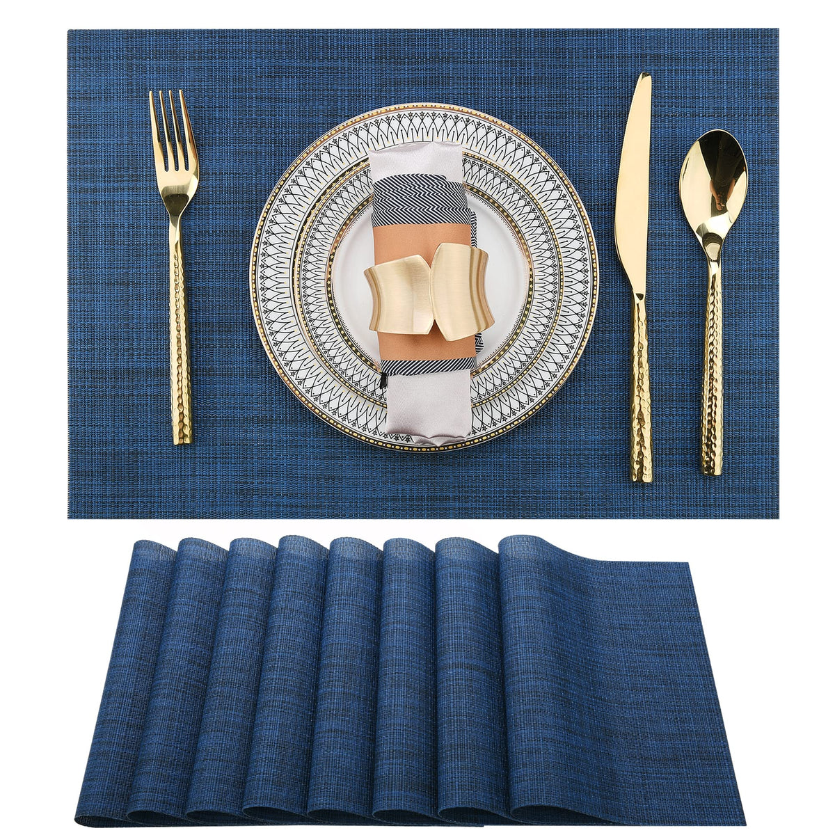 SLKQG Navy Blue Placemats Set of 4 - Easy Clean Washable Vinyl Placemats - Wipeable Heat Resistant Table Mats for Dining Table - 17x12 Inch (Navy Blue, 4)