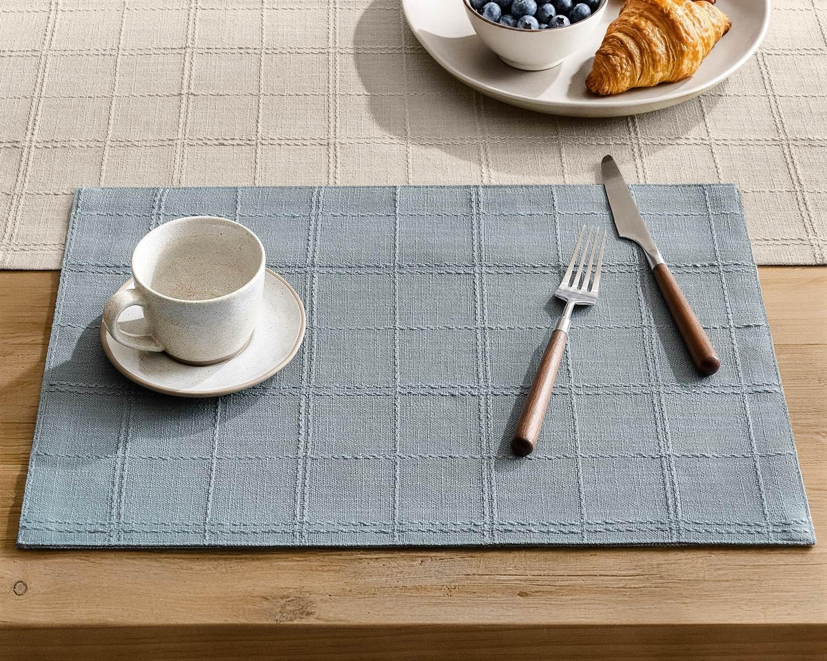 ZeeMart Linen Checked Farmhouse Placemats Set of 6, Olive 13x19in