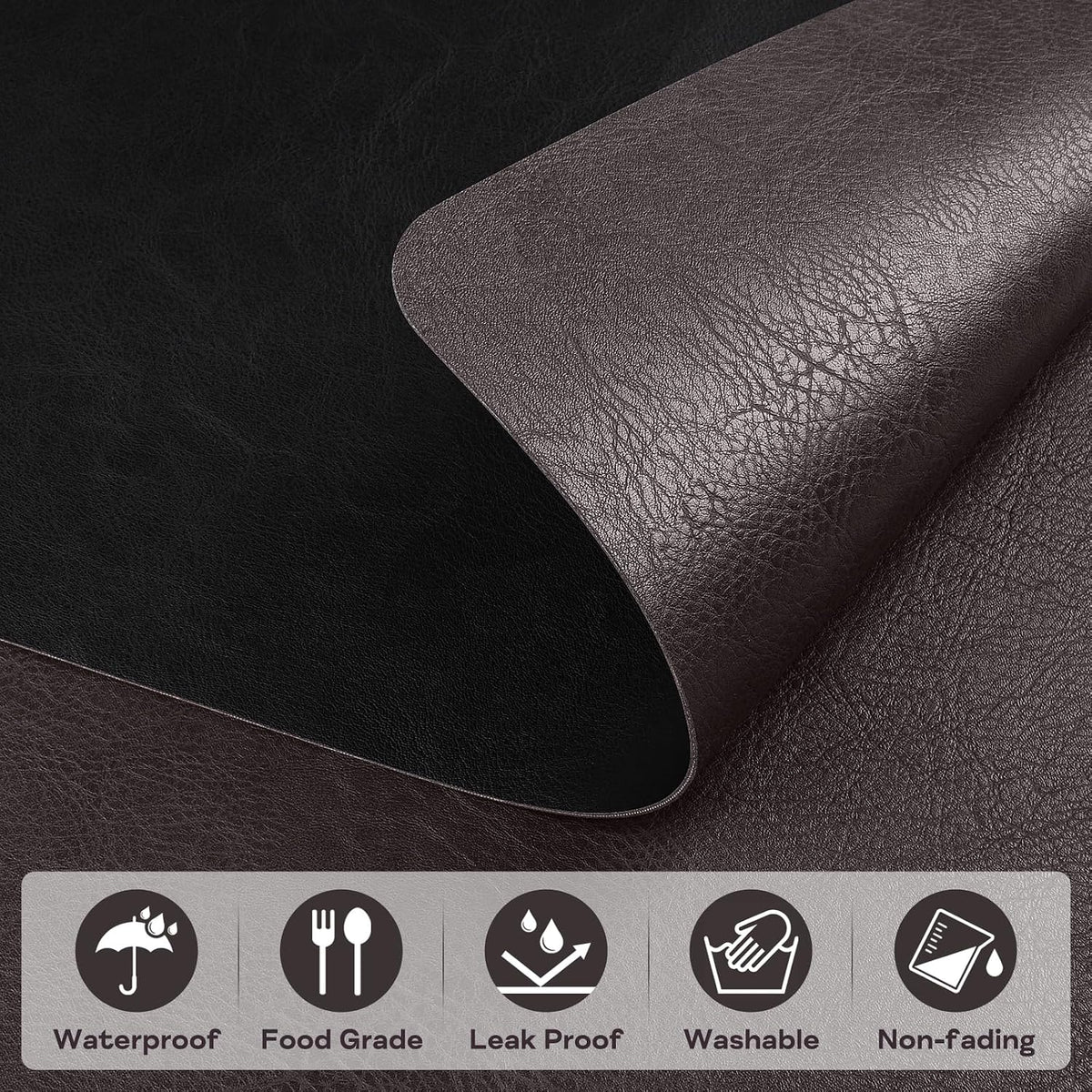 PU Placemats for Dining Table Set of 6, Heat Resistant Leather Placemat, Waterproof Table Mats Easy to Clean for Kitchen Dining Room Coffee Office Table,43 * 30cm,Black/Brown