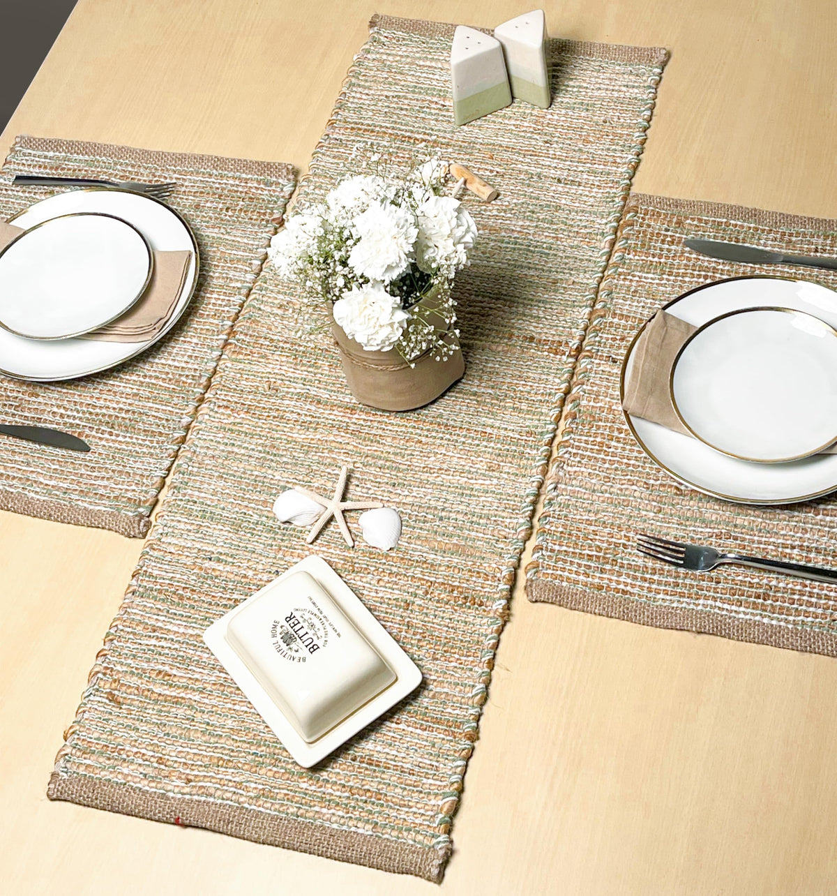 Chardin Home Natural Jute & Aqua Turquoise Placemats, Set of 4 – Rustic Handmade Boho Table Mats, 13x19 in Dining Table Placemats - Kitchen, Everyday Meals, Holidays, Farmhouse or Modern Table Décor
