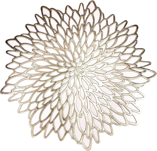 Snowkingdom Set of 12 Gold Metallic Placemats Laminated Vinyl Round Leaf Dinning Table Place Mats Bulk Decorative Halloween Thanksgiving Christmas Party Wedding Holiday Festival