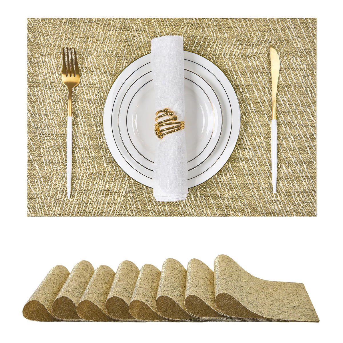 Woven Vinyl Beige Placemats Set of 12, Linen Look & Easy to Clean