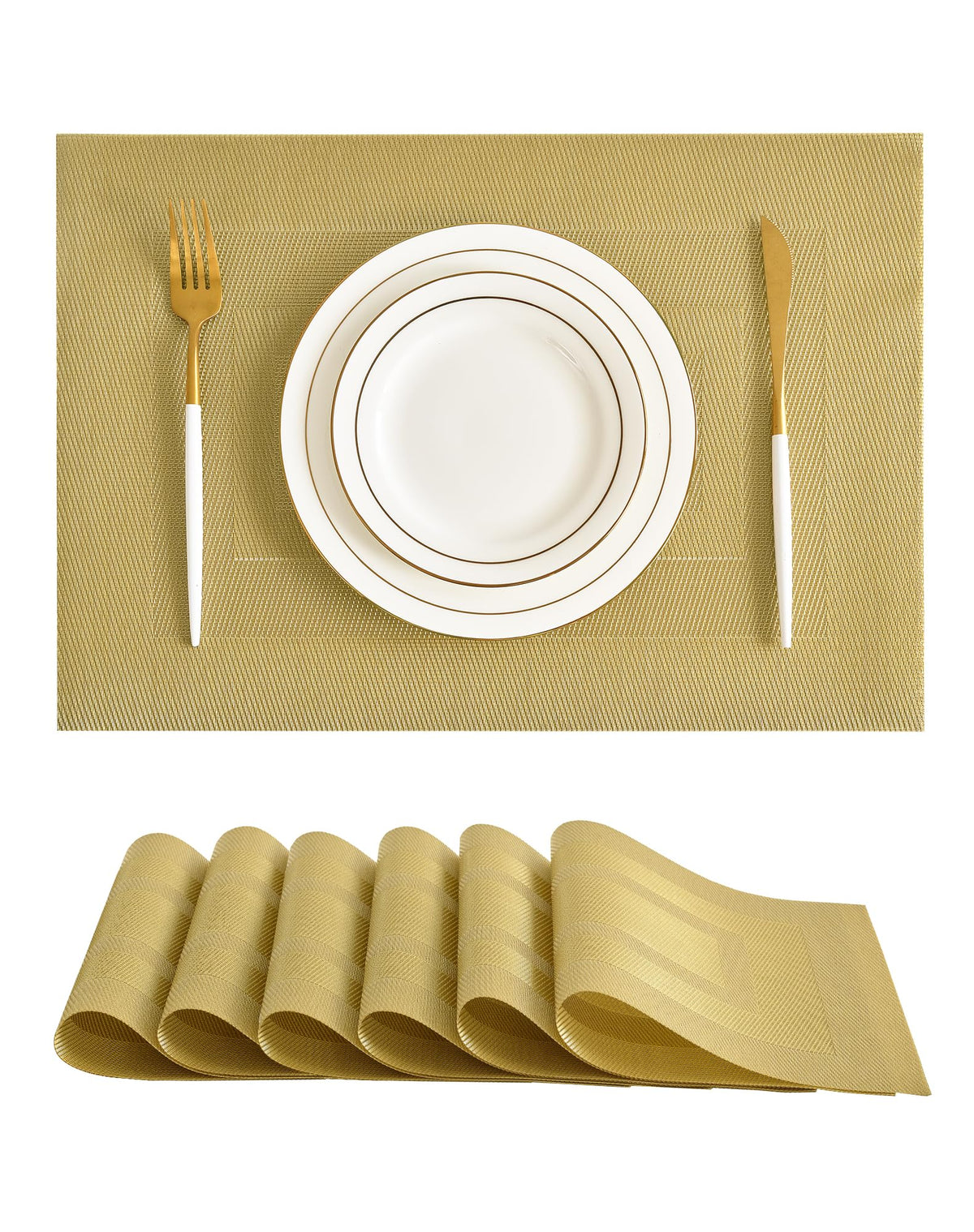 Beige Placemats Set of 6 - Heat-Resistant, Non-Slip Table Mats, Washable Woven Vinyl for Indoor & Outdoor Dining