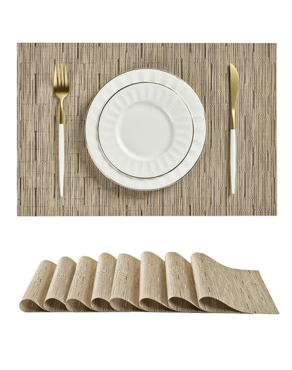 Beige Placemats Set of 6 - Heat-Resistant, Non-Slip Table Mats, Washable Woven Vinyl for Indoor & Outdoor Dining