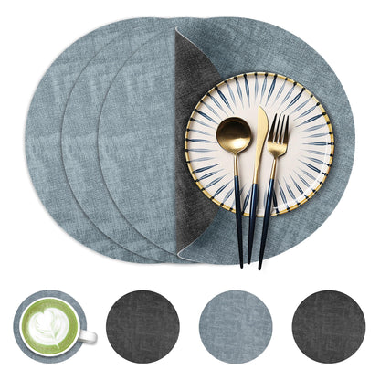 Fyvva Placemats Set of 4, 13" Round Reversible Faux Leather with Coasters