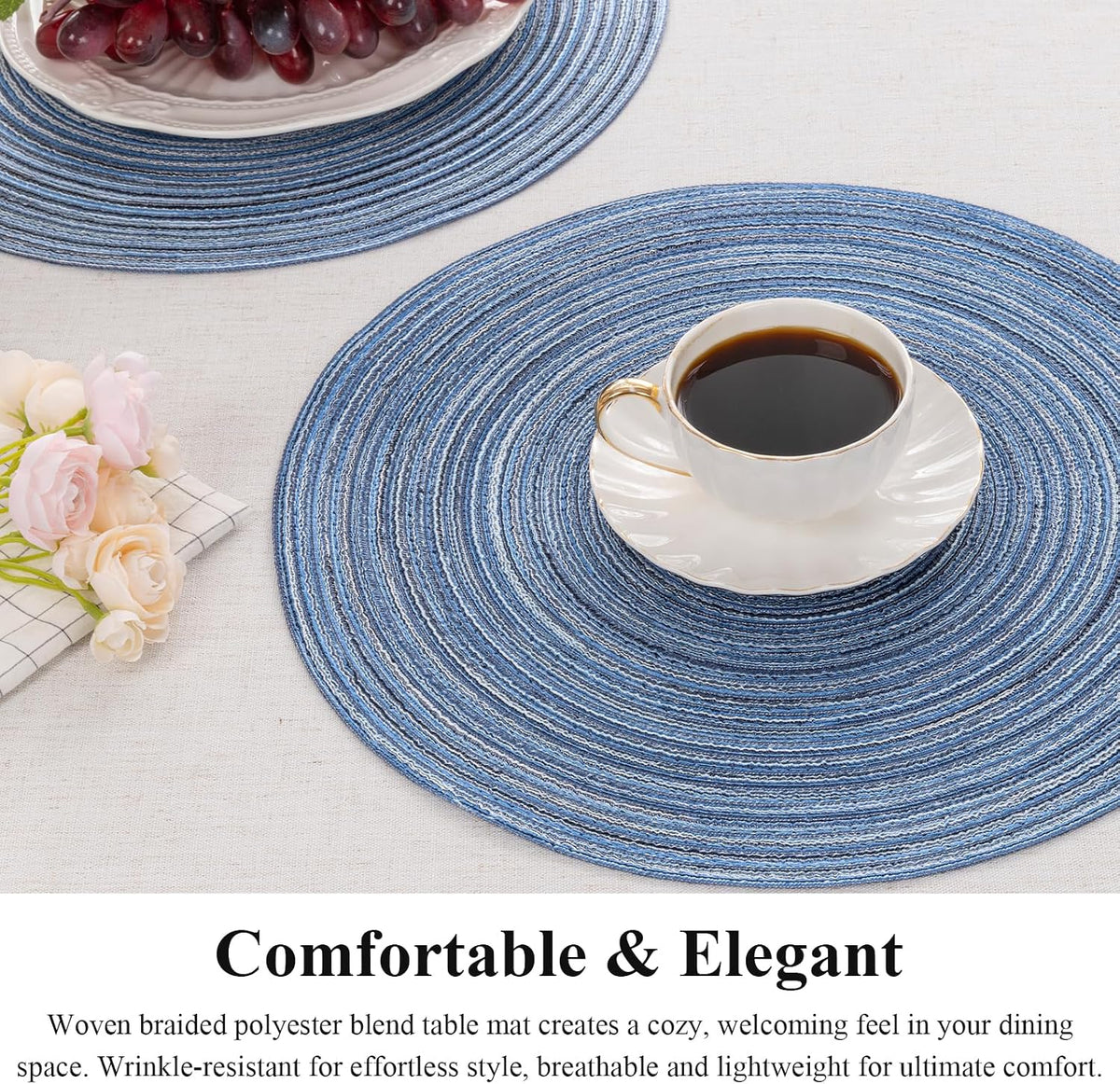 SHACOS Round Braided Placemats Set of 4 Dining Table Placemats 15 inch Circle Place Mats Easy to Clean Table Mats Indoor Outdoor, Blue Gray