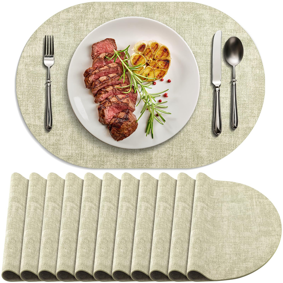 Faux Leather Oval Placemats Set of 6, Beige