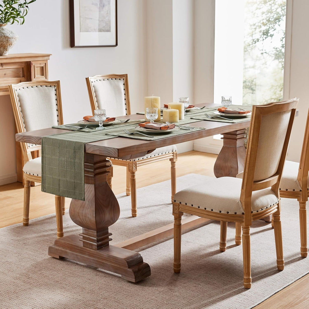 ZeeMart Linen Checked Farmhouse Placemats Set of 6, Olive 13x19in