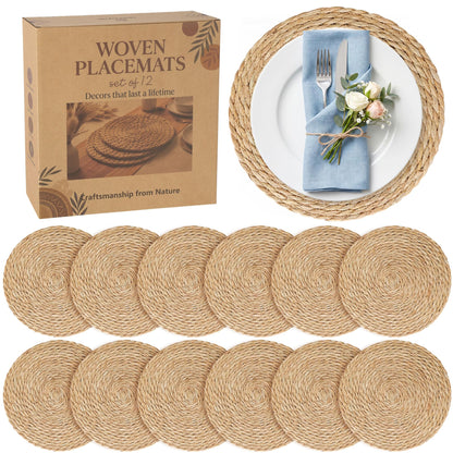 24 Pack 13.8IN Round Woven Placemats, Natural Bulrush Boho Farmhouse Mats