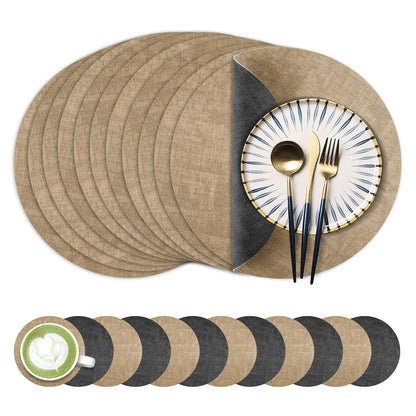 Fyvva Placemats Set of 4, 13" Round Reversible Faux Leather with Coasters