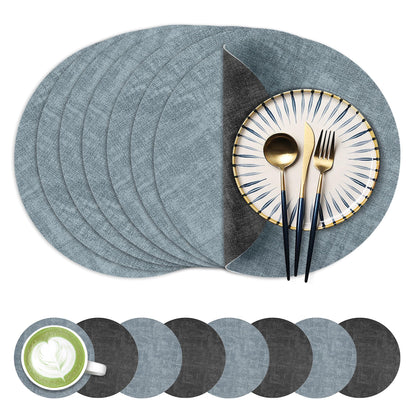 Fyvva Placemats Set of 4, 13" Round Reversible Faux Leather with Coasters