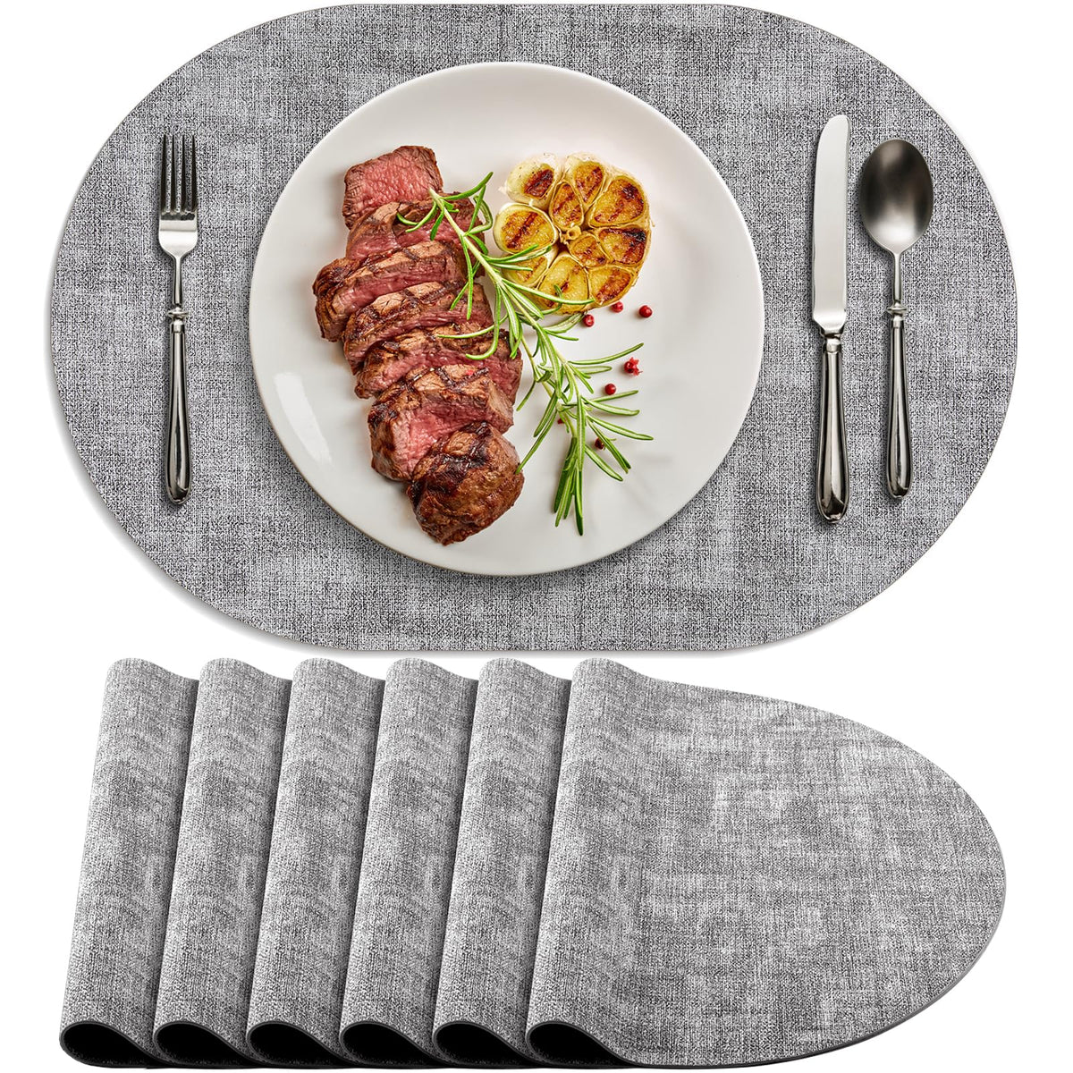 Faux Leather Oval Placemats Set of 6, Beige