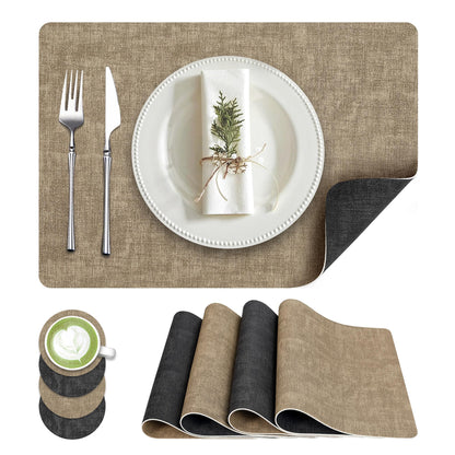 Fyvva Placemats Set of 4, 13" Round Reversible Faux Leather with Coasters