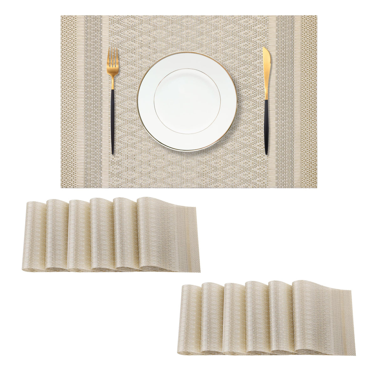 Woven Vinyl Beige Placemats Set of 12, Linen Look & Easy to Clean
