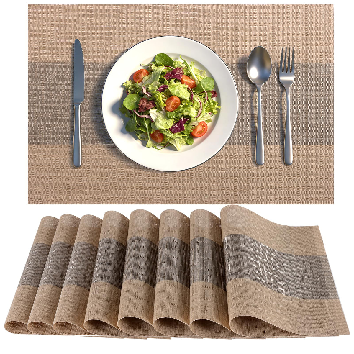 Timeet Placemats Set of 6, Heat Resistant Non-Slip Place Mats for Dining Table, Durable Washable PVC Vinyl Woven Table Mats, Resistant Kitchen Placemats Easy to Clean(Beige & Gray