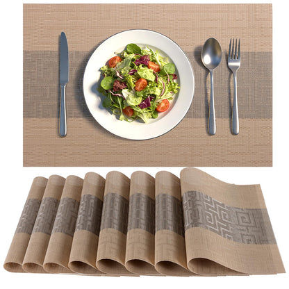 Timeet Placemats Set of 6, Heat Resistant Non-Slip Place Mats for Dining Table, Durable Washable PVC Vinyl Woven Table Mats, Resistant Kitchen Placemats Easy to Clean(Beige & Gray