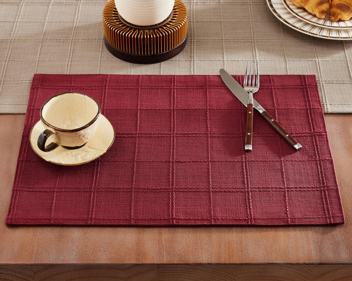 ZeeMart Linen Checked Farmhouse Placemats Set of 6, Olive 13x19in