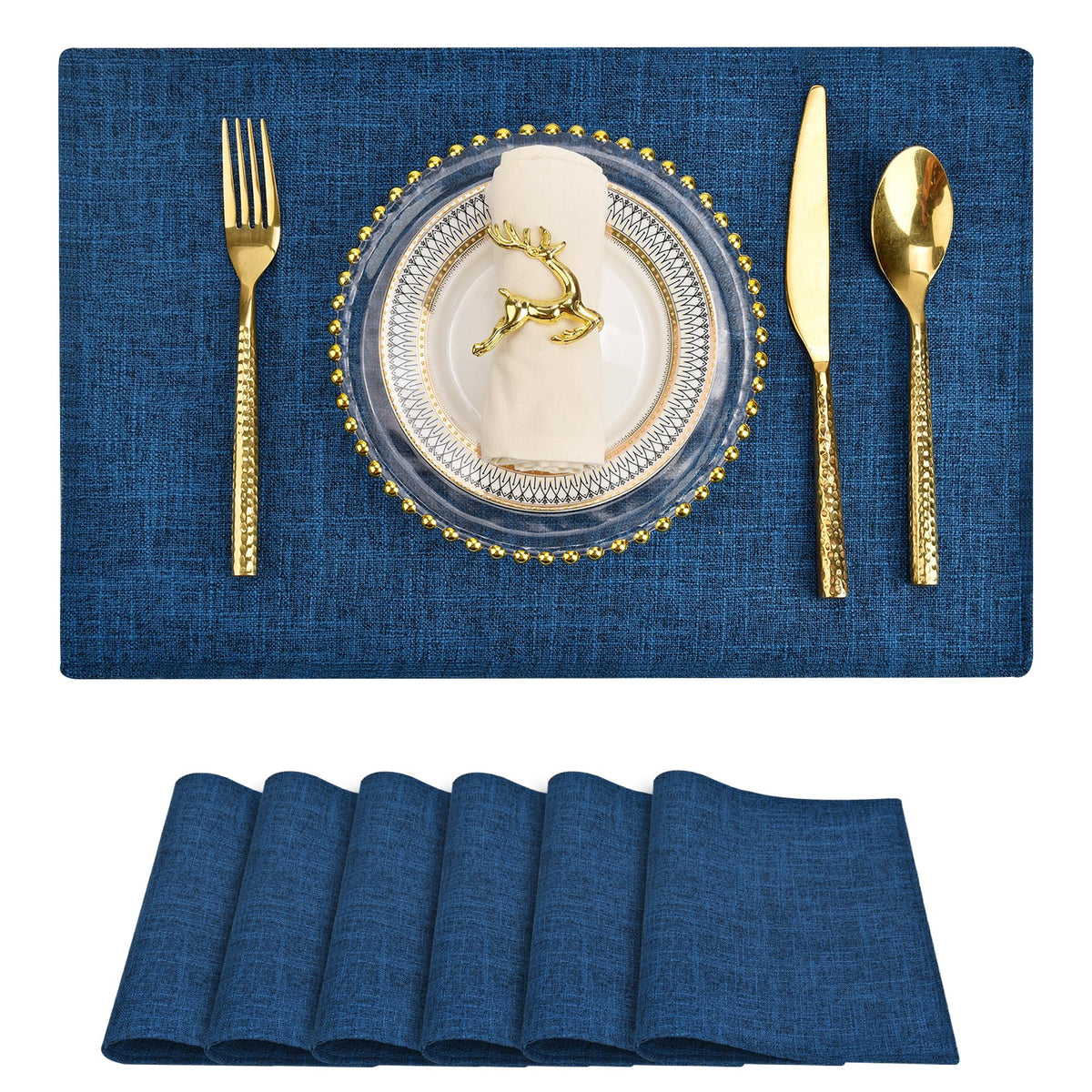SLKQG Beige Faux Cotton Linen Placemats Set of 6, Heat Resistant Washable Double Layer Cloth Place Mats for Dining Table, Wrinkle Resistant Linen Textured Farmhouse Kitchen Decor（6，Beige）